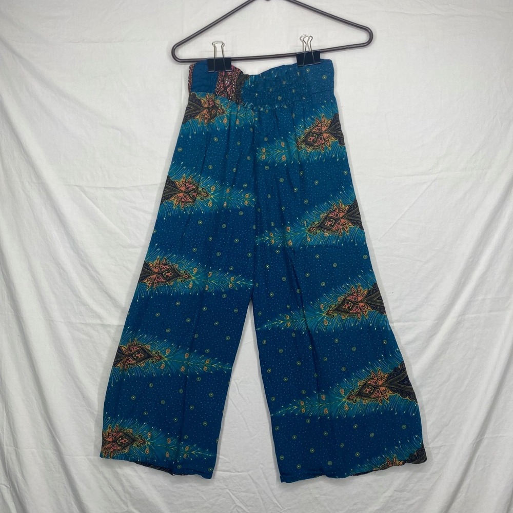 Unbranded Teal Blue Peacock Paisley Wide Leg Boho Smocked Waist Pants Mens